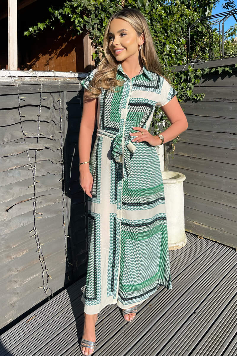 Green Printed Tie Waist Button Up Midi Dress - Swimclubus