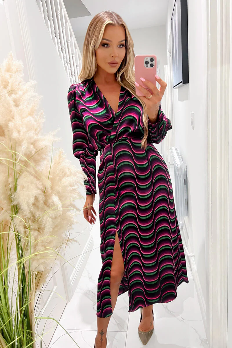 Multi Printed Long Sleeve Wrap Top Midi Dress - Swimclubus