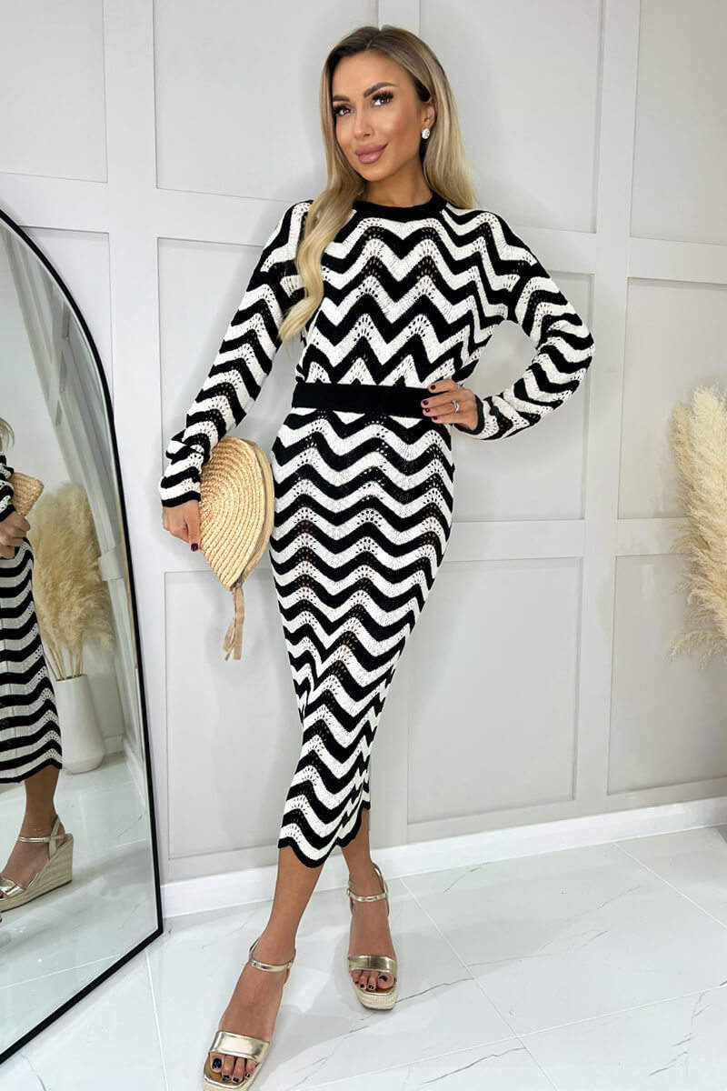 Black And White Zig Zag Crochet Midi Skirt - Swimclubus