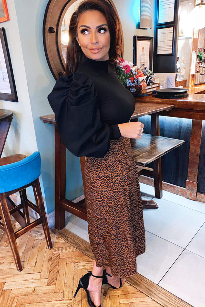 Black 2 in 1 Puff Sleeve Leopard Print Dress - Swimclubus