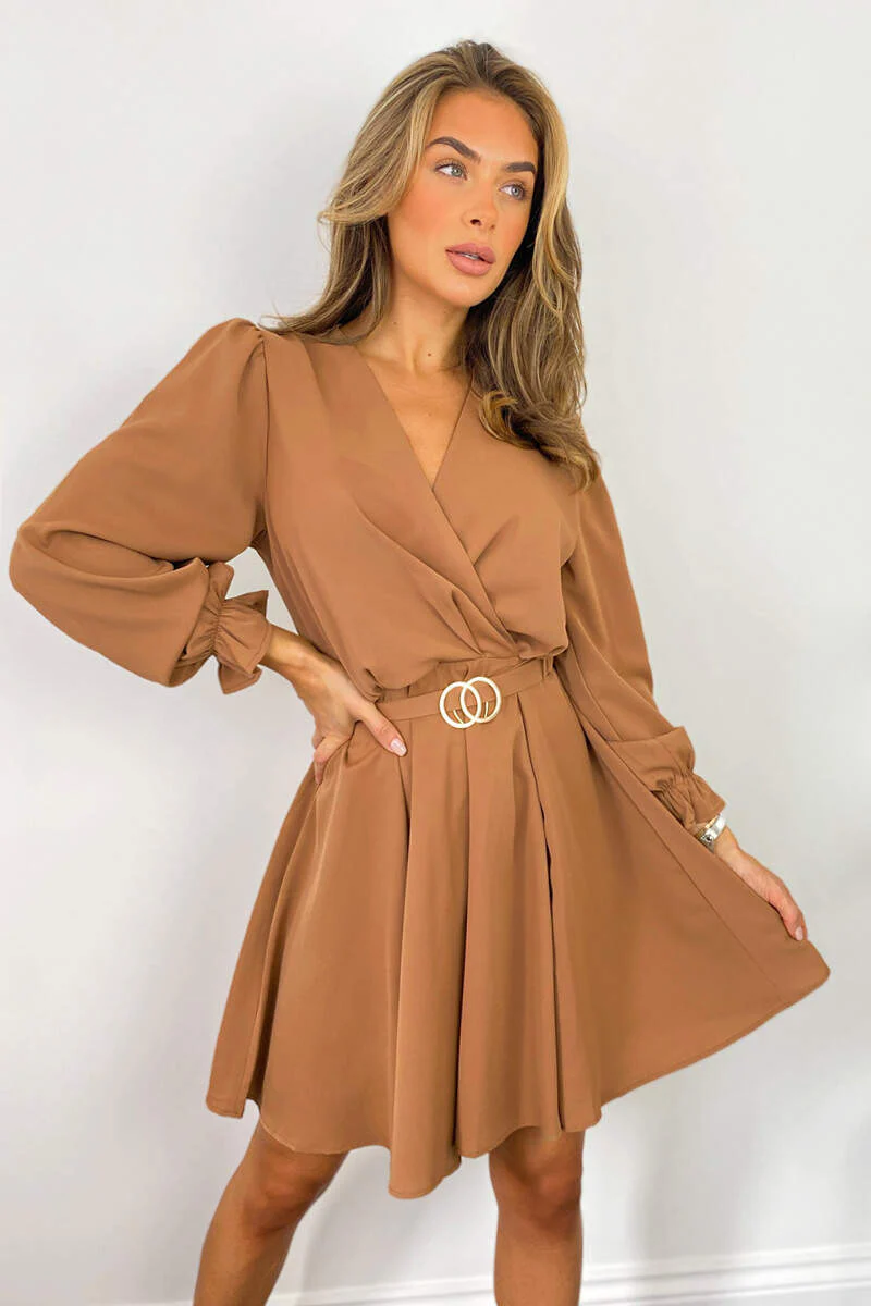 Camel Wrap Over Belted Skater Dress - Swimclubus