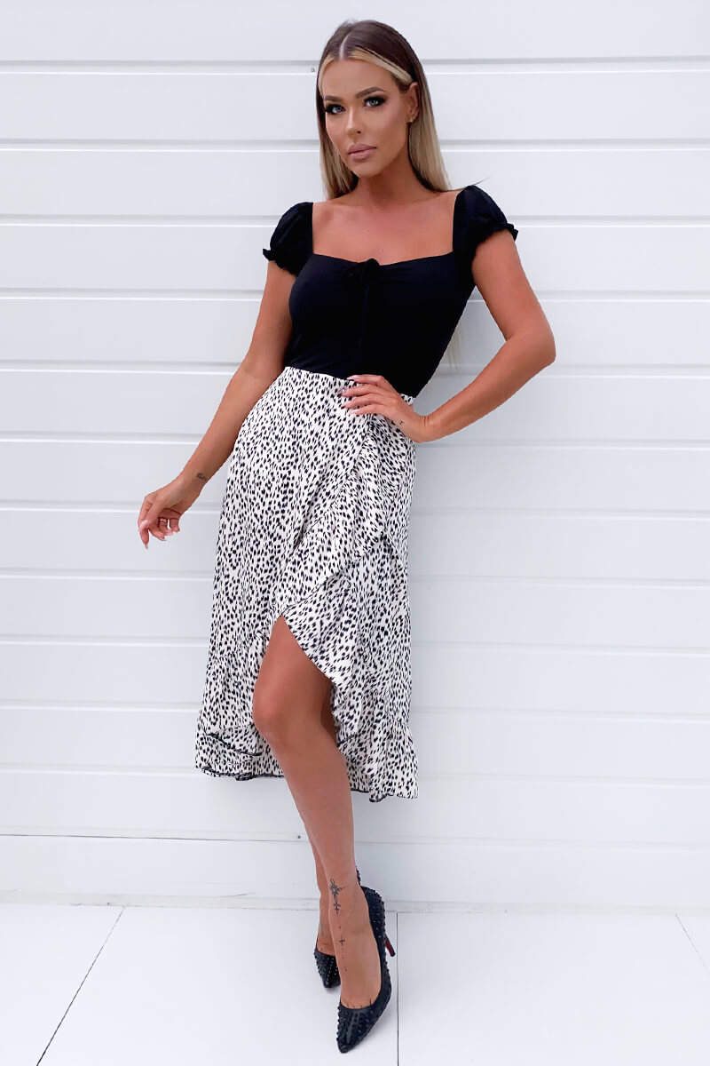 Black 2 in 1 Milkmaid Neckline Wrap Midi Dress - Swimclubus