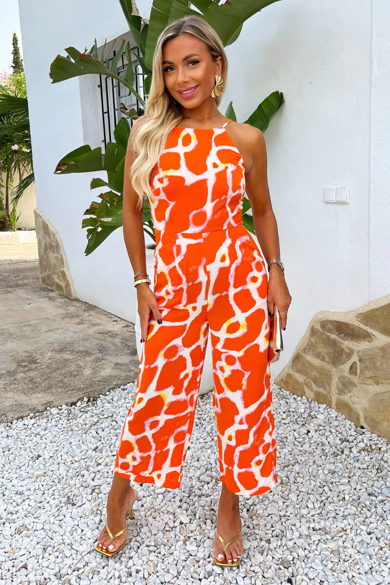 Orange Giraffe Print Strappy Racer Neck Jumpsuit - Swimclubus