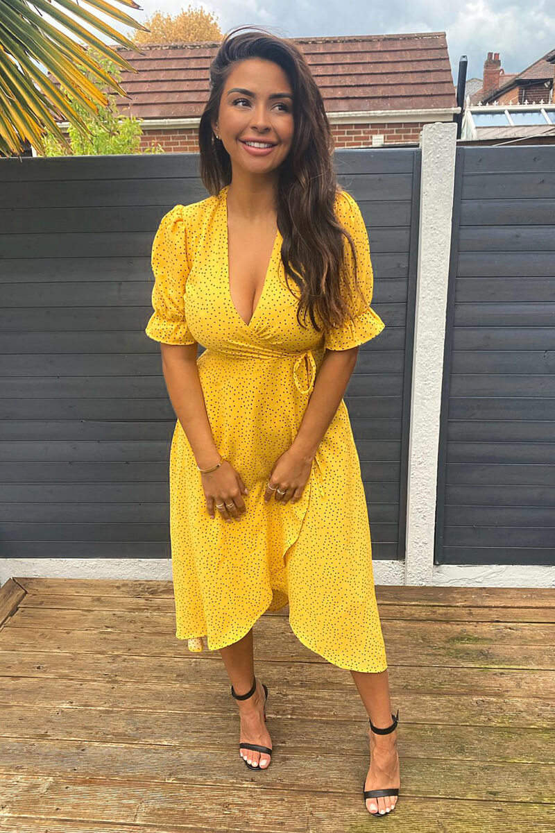 Yellow Polka Dot Wrap Midi Dress - Swimclubus