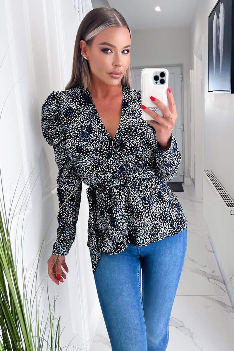 Black And Blue Printed Belted Wrap Top - Swimclubus