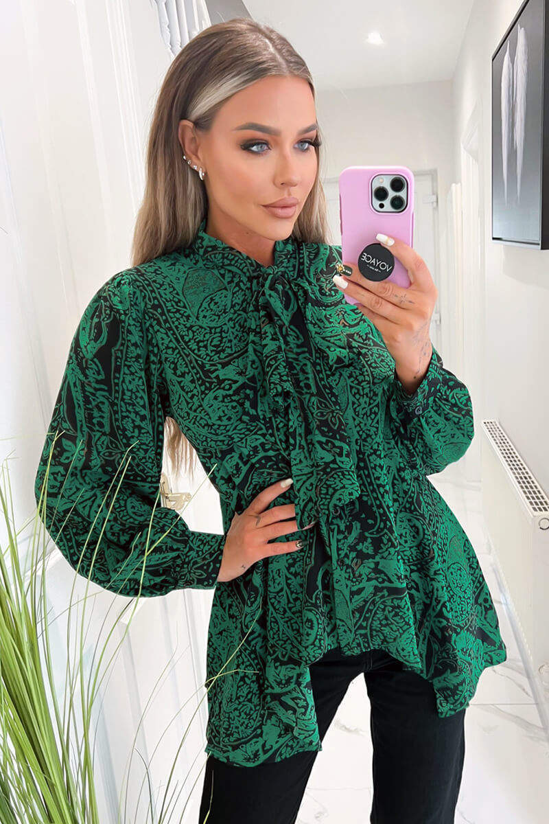 Green Printed Tie Neck Blouse - Swimclubus