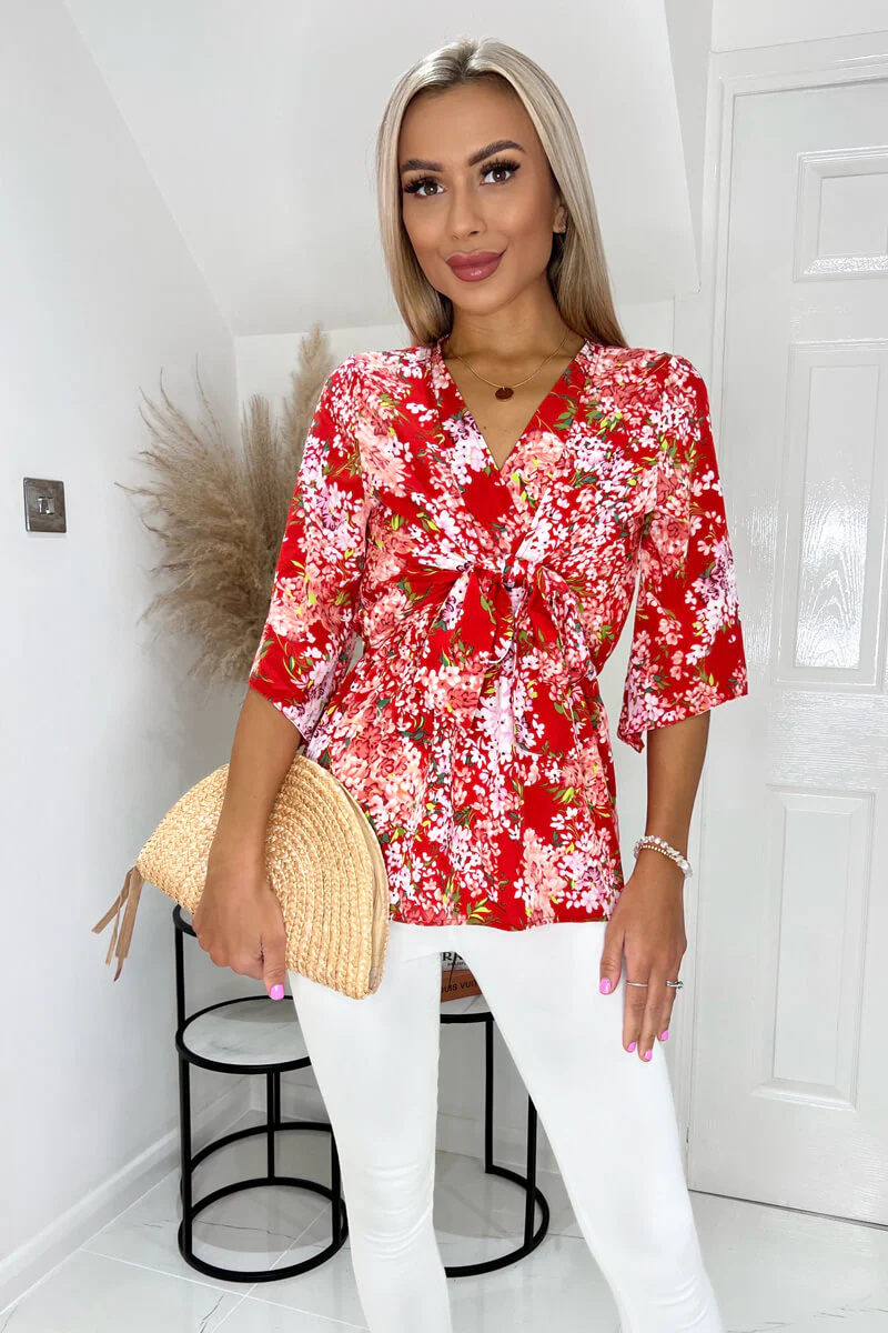 Red Floral Front Tie Wrap Top - Swimclubus