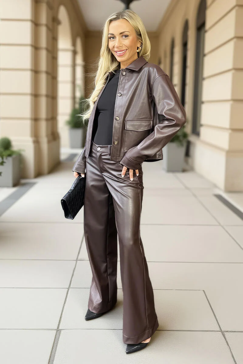 Chocolate Faux Leather Wide Leg Trousers - Swimclubus