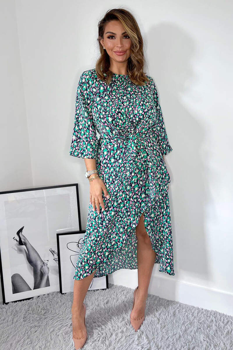 Navy Green And Pink Printed Wrap Tie Front Midi Dress - Swimclubus
