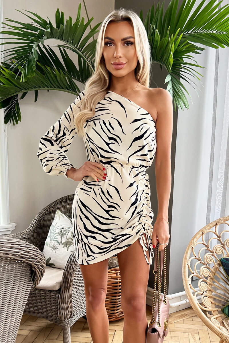 Black And Stone Animal Print One Sleeve Mini Dress - Swimclubus