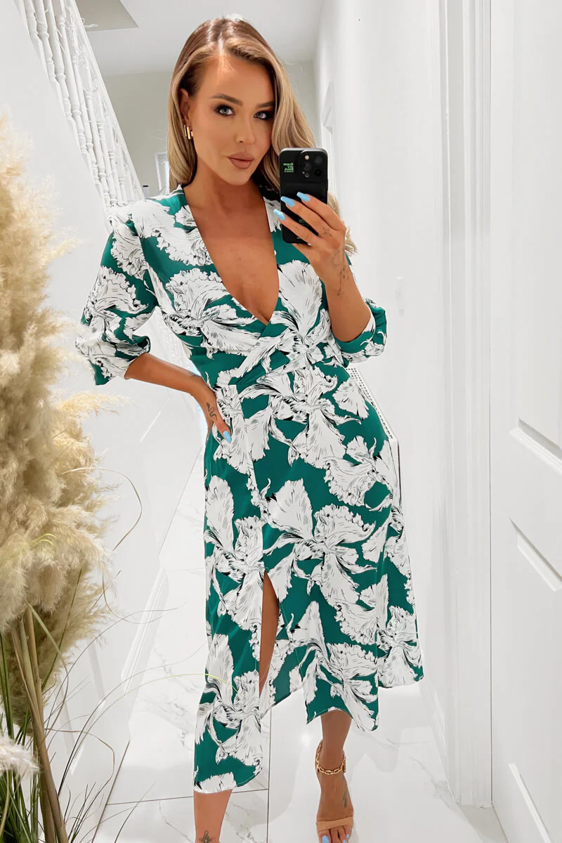 Green And White Floral Print Wrap Top Midi Dress - Swimclubus