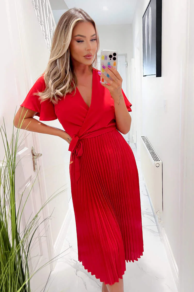 Red Belted Pleated Skirt Midi Dress - Swimclubus