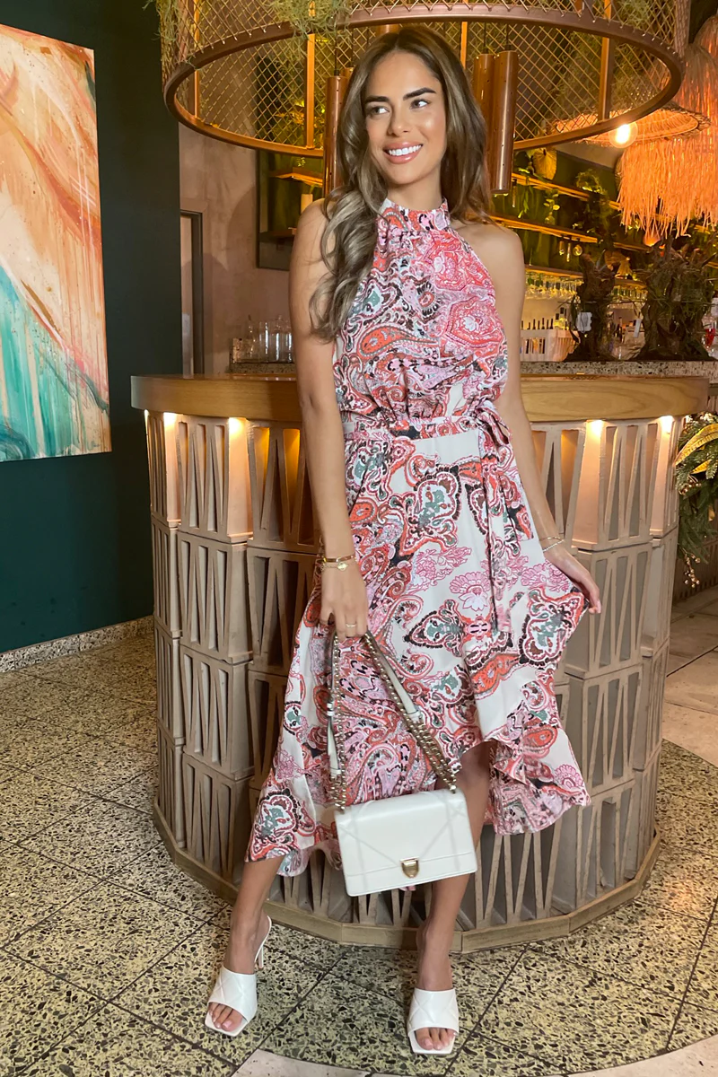 Multi Print Paisley Halter Neck Tie Waist Midi Dress - Swimclubus