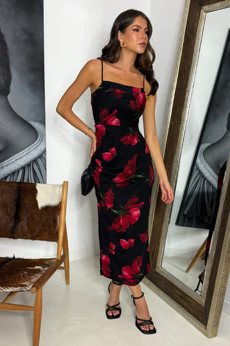 Black And Red Floral Print Ruched Side Strappy Midi Dress - Swimclubus