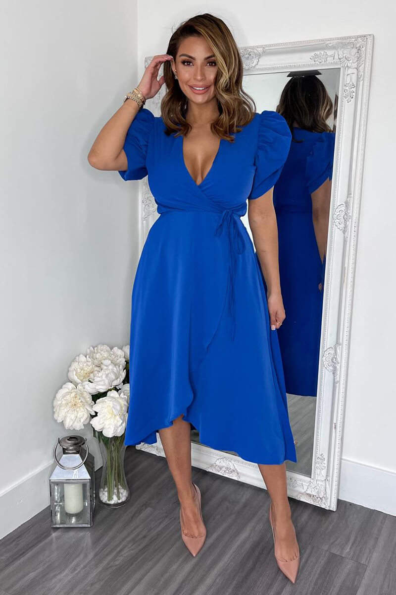 Blue Wrap Over Tie Midi Dress - Swimclubus
