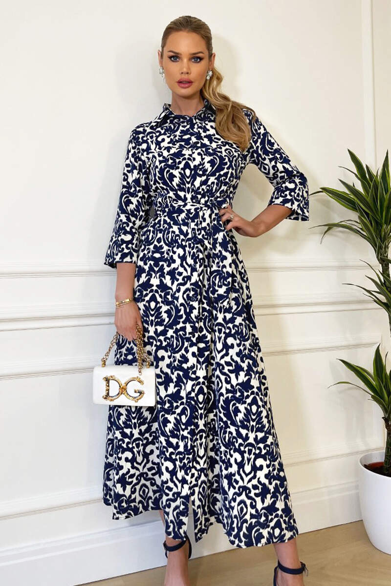 Navy and Cream Printed Shirt Dress - Swimclubus