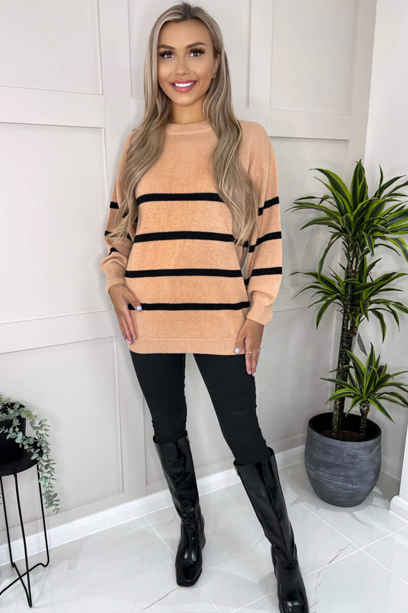 Mocha And Black Striped Print Long Sleeve Round Neck Knitted Jumper - Swimclubus