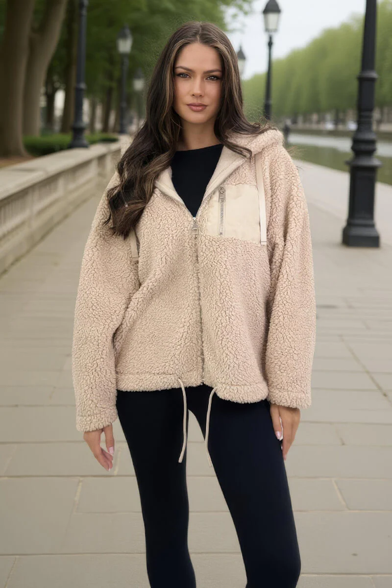 Oatmeal Pocket Detail Hooded Teddy Jacket - Swimclubus