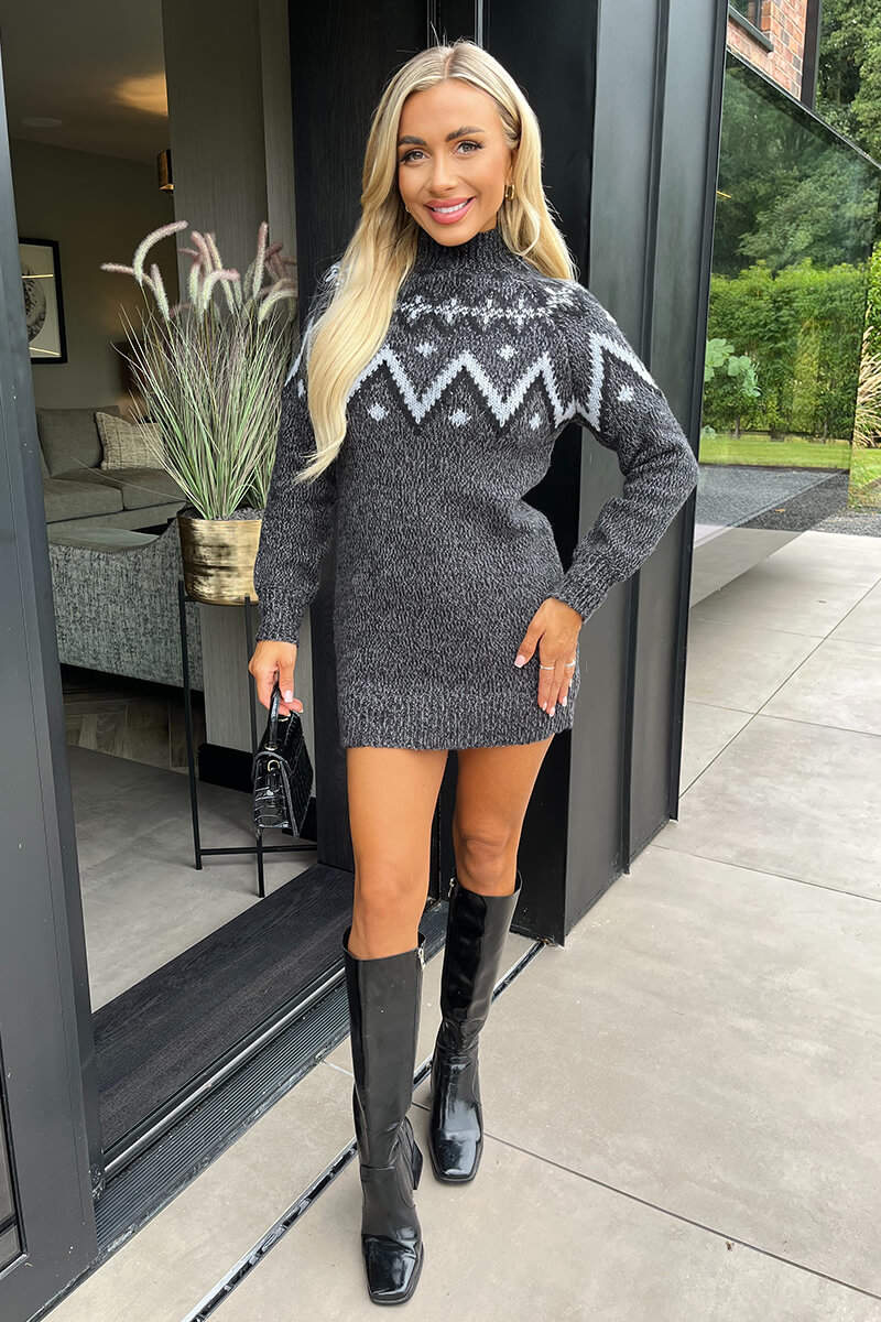 Anthracite Fairisle Mock Neck Knitted Dress - Swimclubus