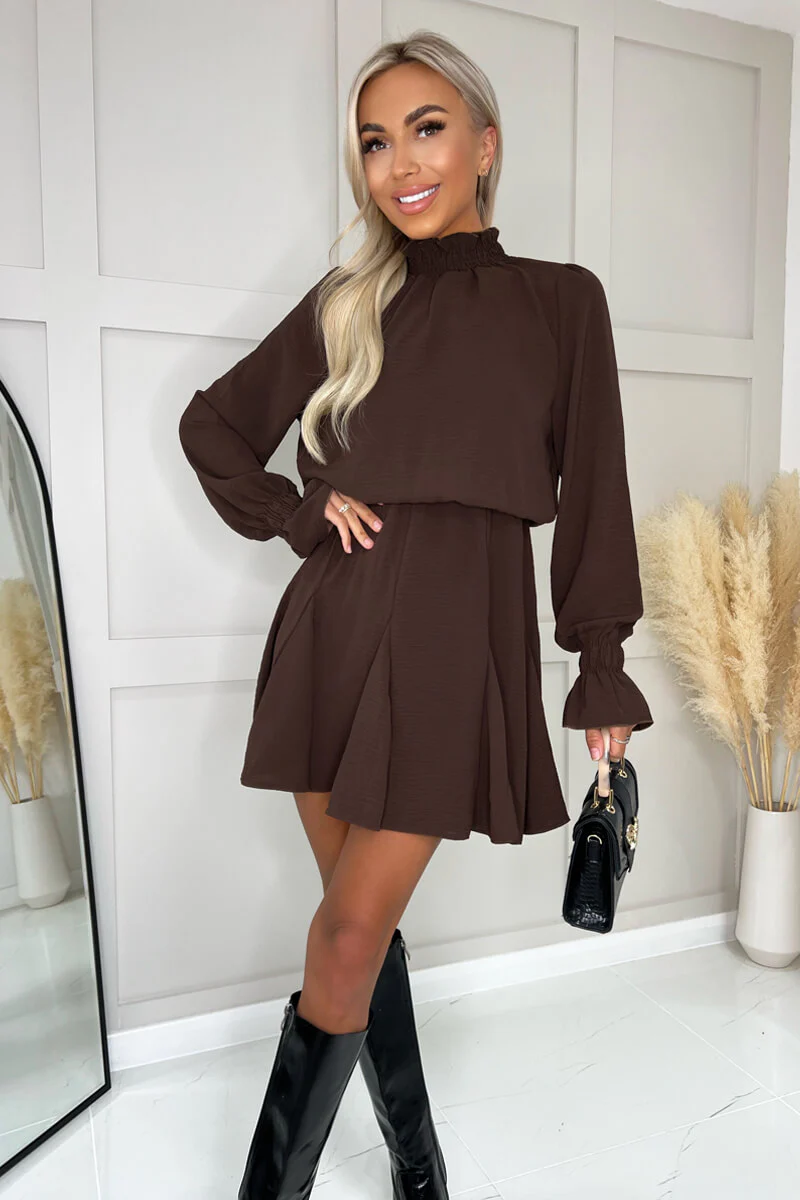 Chocolate High Neck Shirred Detail Skater Dress - Swimclubus