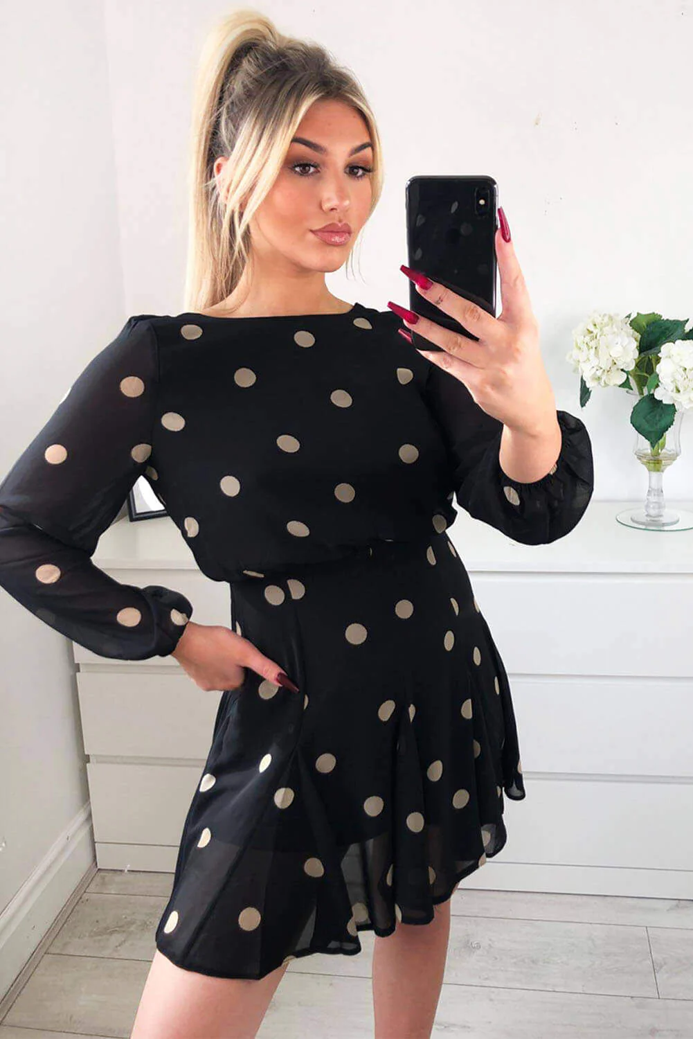 Black Spotty Pleated Skirt Dress - Swimclubus