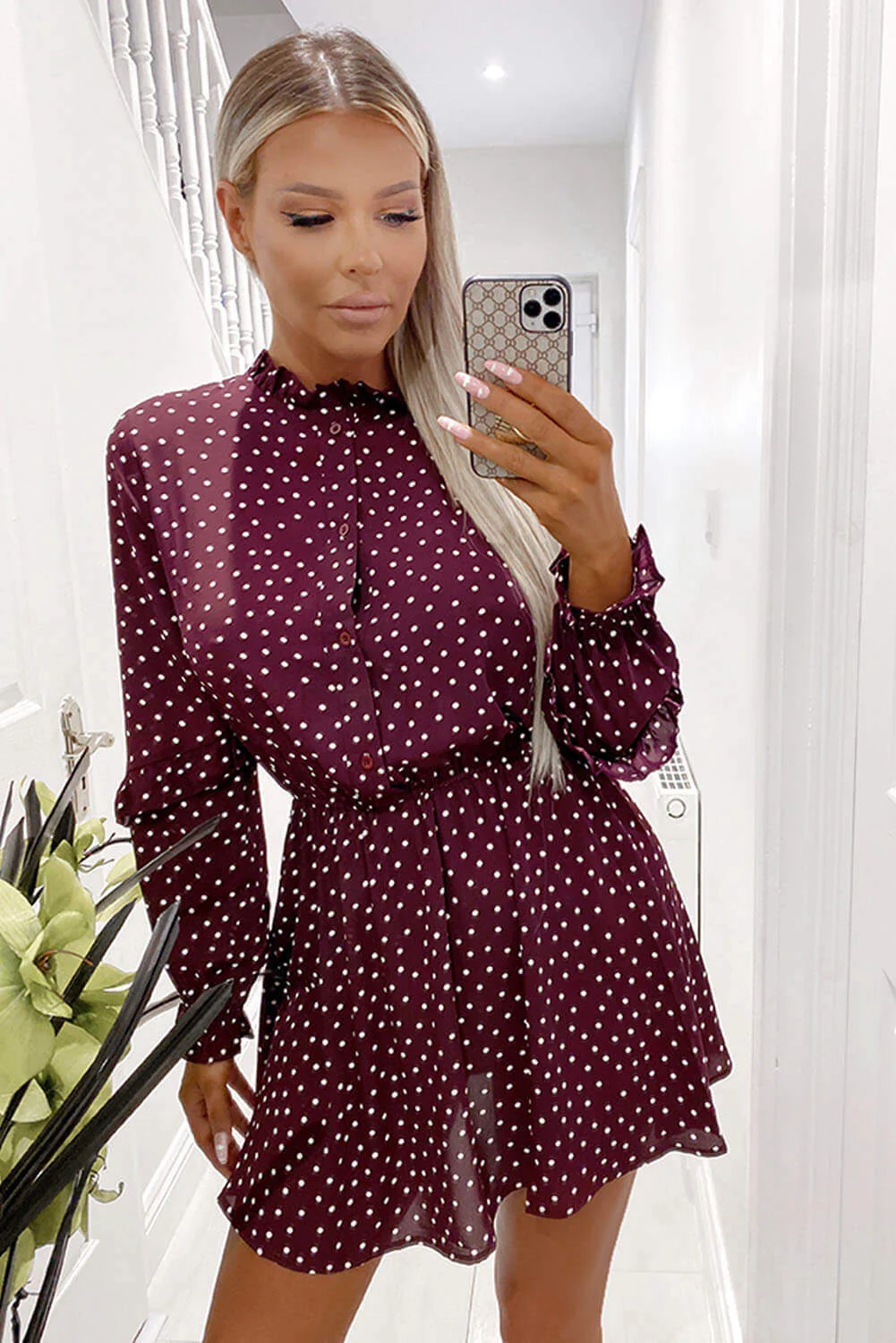 Plum Polka Dot Frill Shirt Dress - Swimclubus