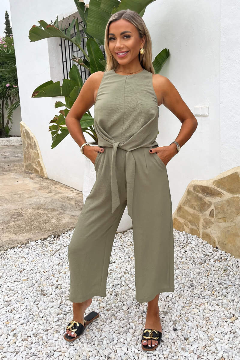 Khaki Racer Neck Tie Waist Jumpsuit - Swimclubus