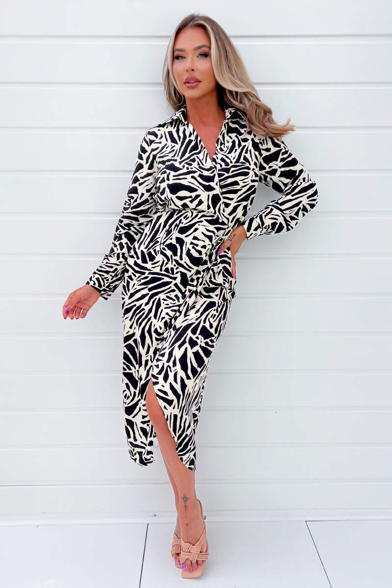 Black and Stone Printed Midi Wrap Dress - Swimclubus