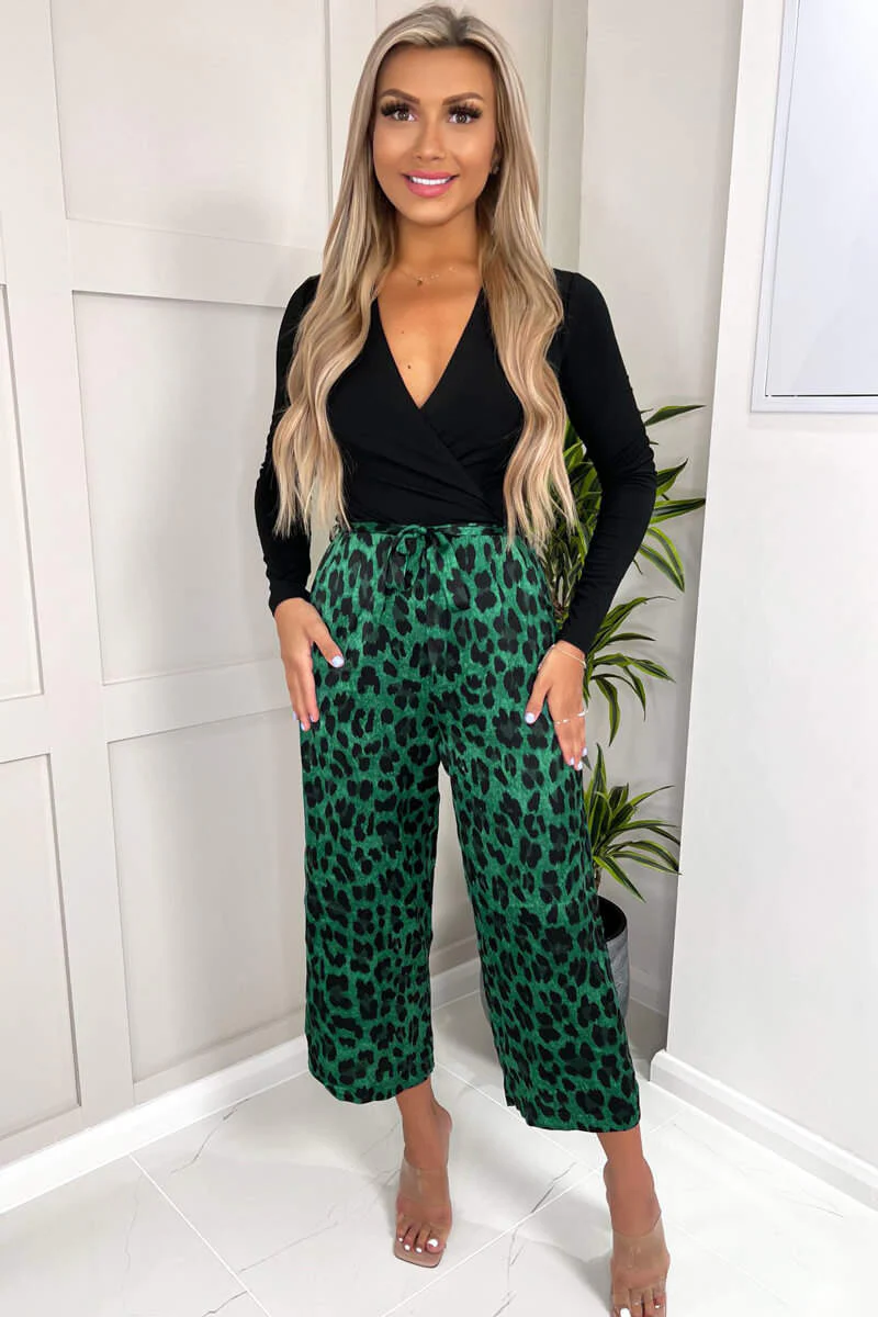Green And Black Animal Print Long Sleeve 2 In 1 Jumpsuit - Swimclubus