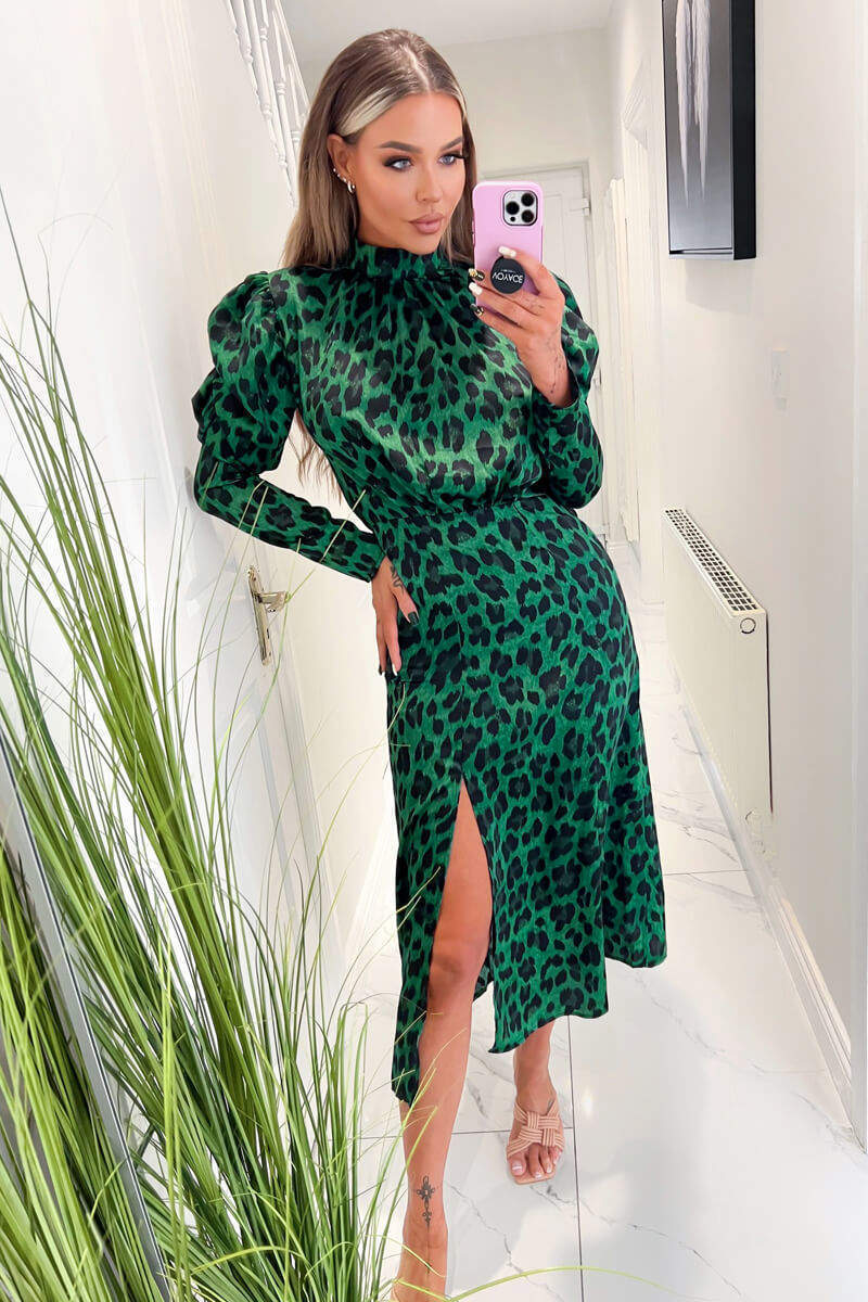 Green and Black Animal Print Puff Long Sleeve Midi Dress - Swimclubus