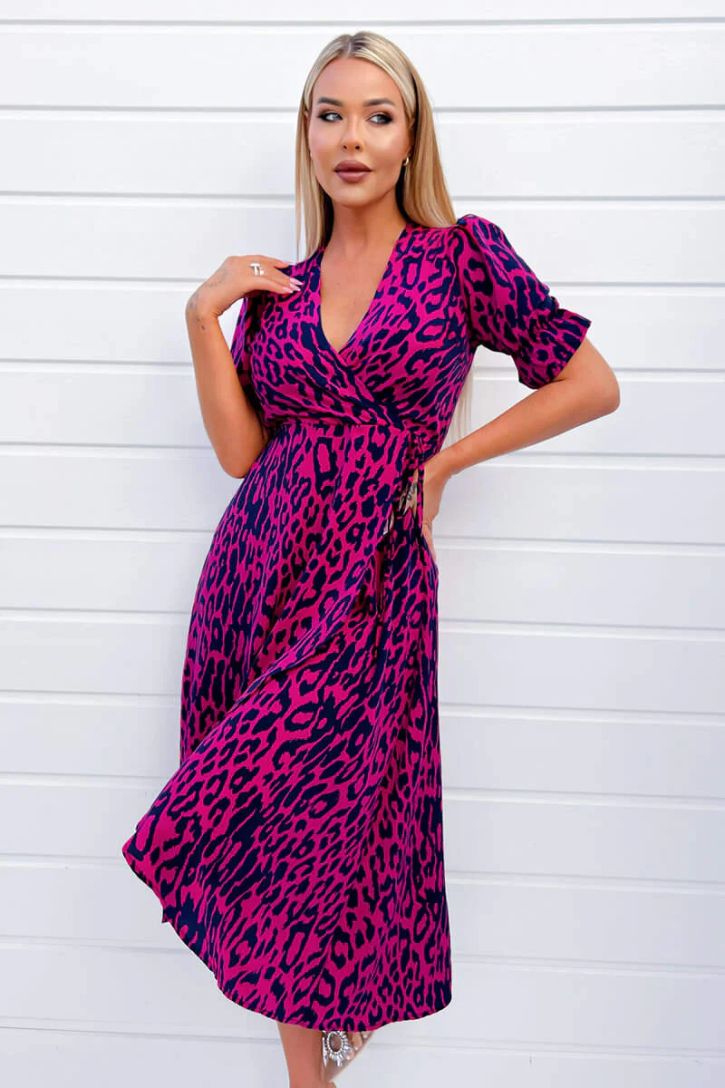 Cerise And Navy Animal Print Wrap Midi Dress - Swimclubus