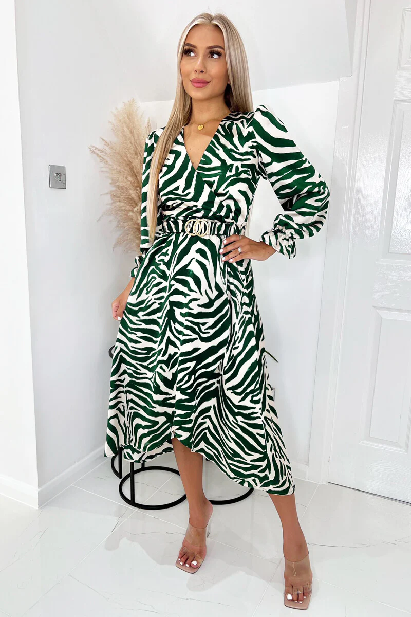 Green Animal Printed Belted Midi Dress - Swimclubus