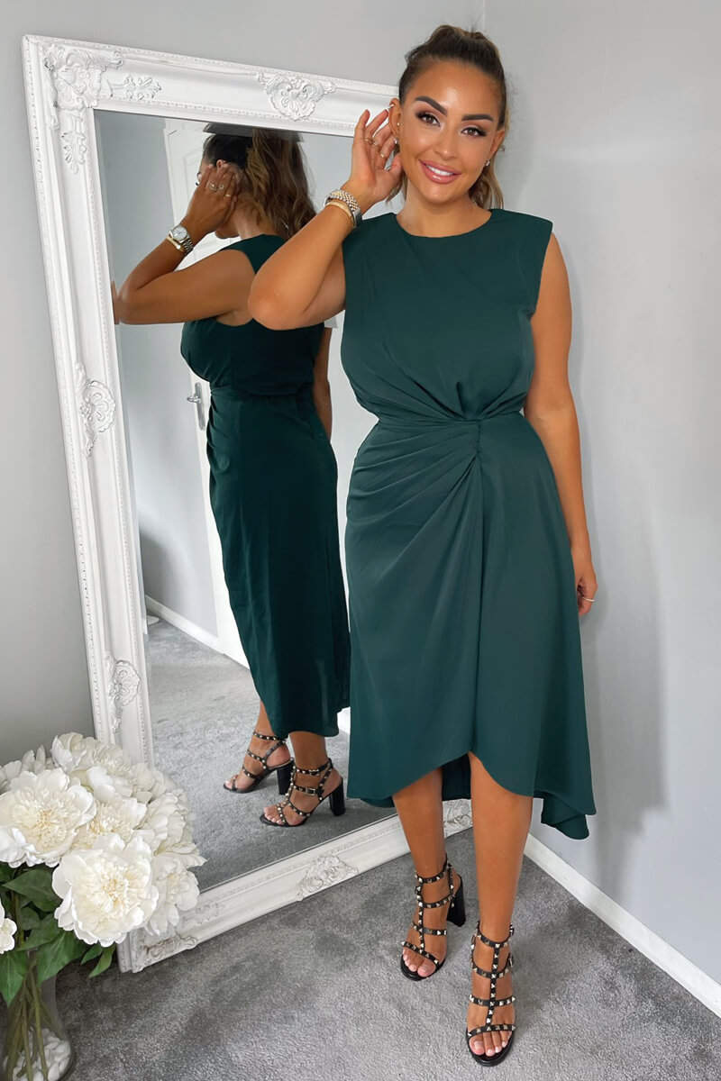 Teal Gathered Midi Dress With Padded Shoulders - Swimclubus