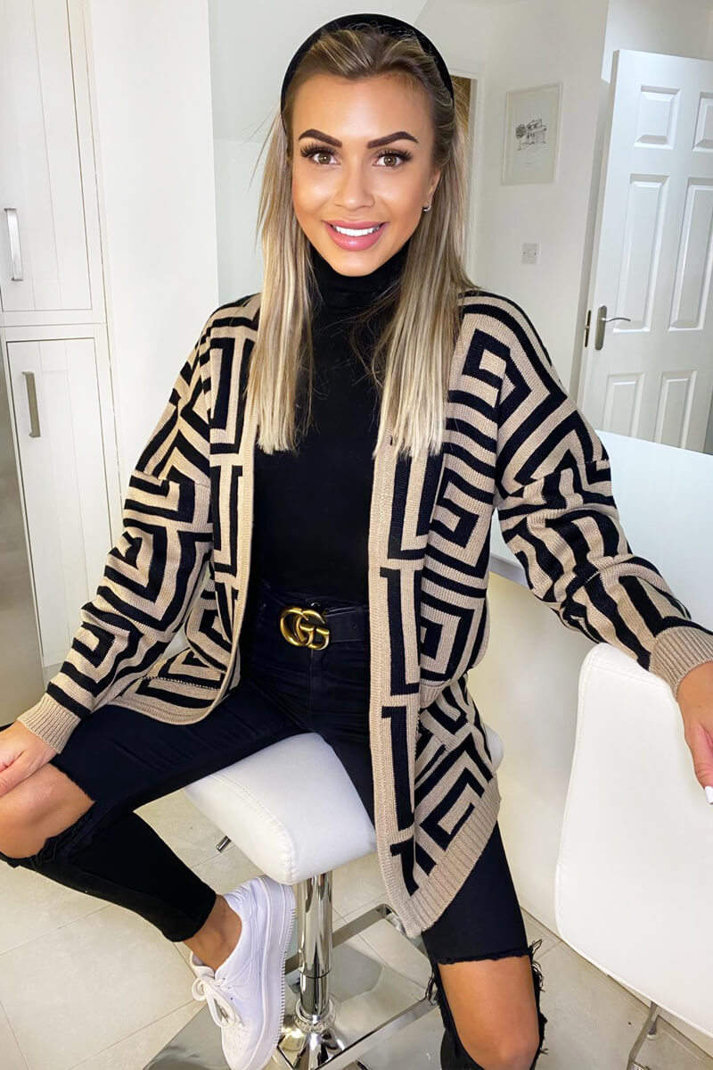 Camel Geo Printed Knitted Cardigan - Swimclubus