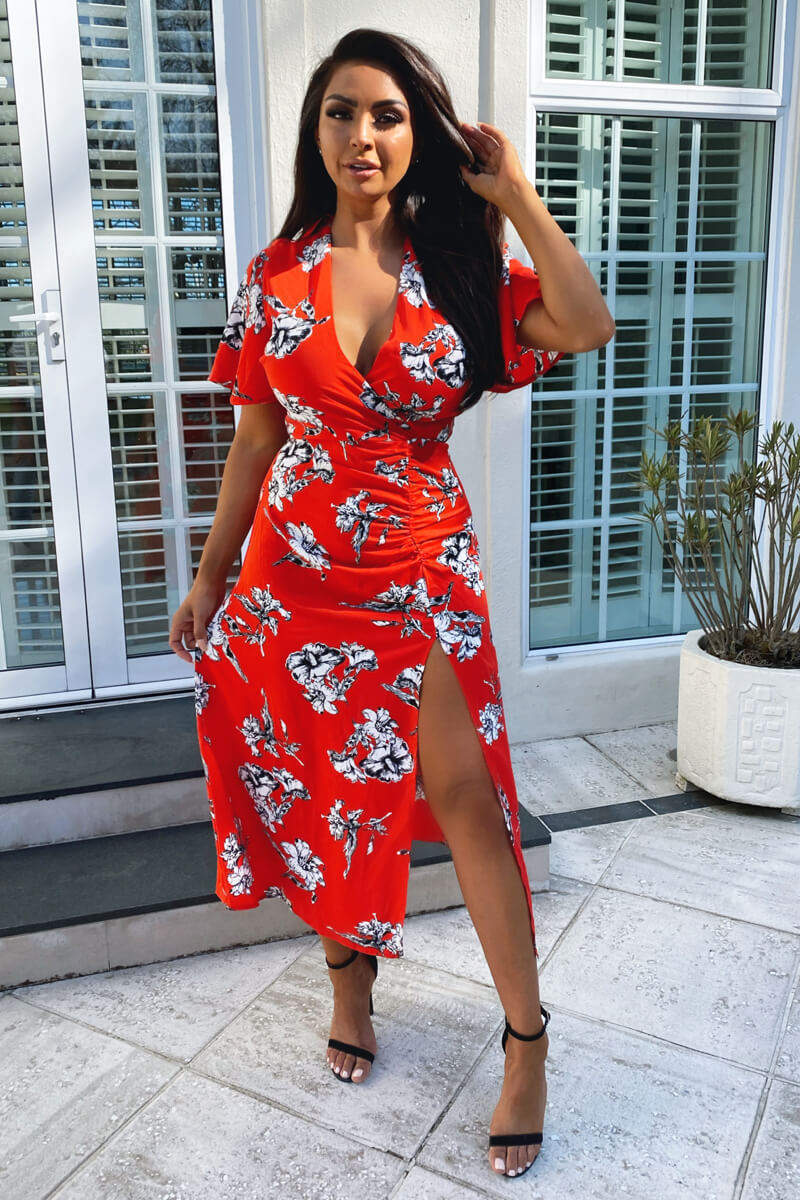 Red Floral Print Bell Sleeve Midi Dress - Swimclubus