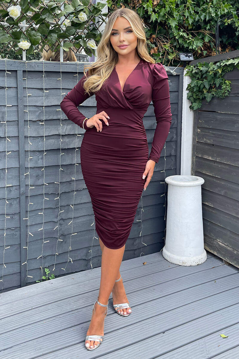 Plum Ruched Long Sleeve Cross Front Midi Dress - Swimclubus