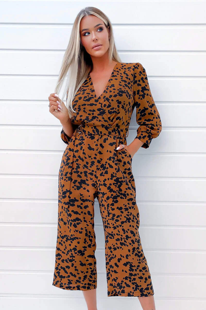 Rust Animal Printed Long Sleeve Jumpsuit - Swimclubus