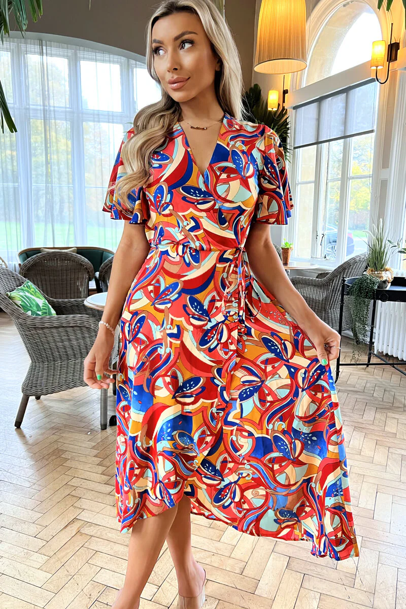 Multi Printed Butterfly Sleeve Wrap Midi Dress - Swimclubus