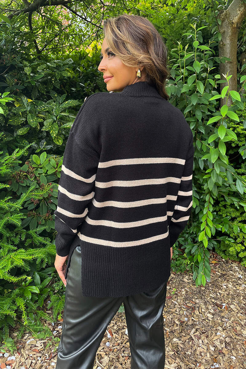 Black and Oatmeal Striped Button Detail Shoulder Knit Jumper - Swimclubus