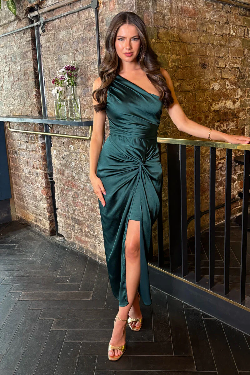 Teal One Shoulder Knot Skirt Satin Midi Dress - Swimclubus