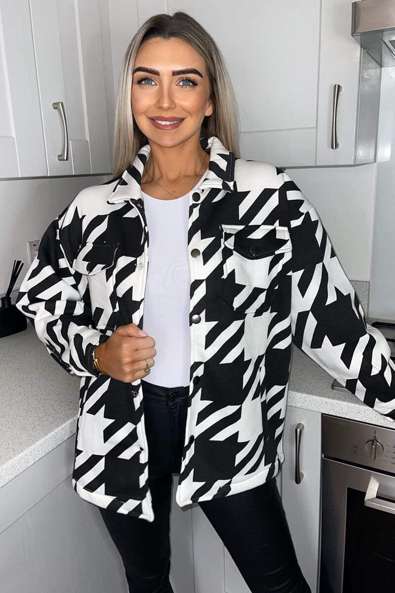 Black Large Dogtooth Print Shirt Jacket - Swimclubus