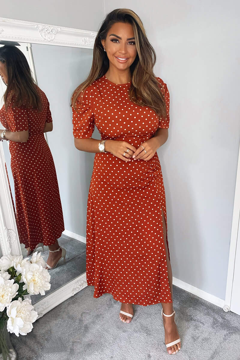 Rust Polka Dot Ruched Sleeve Midi Dress - Swimclubus