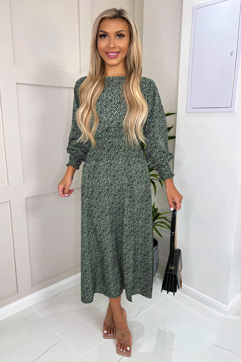 Sage And Black Printed Elasticated Waist Midi Dress - Swimclubus