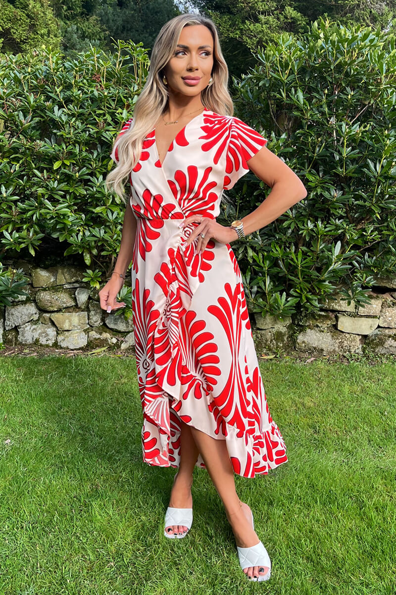 Burnt Orange Abstract Print Wrap Over High Low Frill Hem Midi Dress - Swimclubus