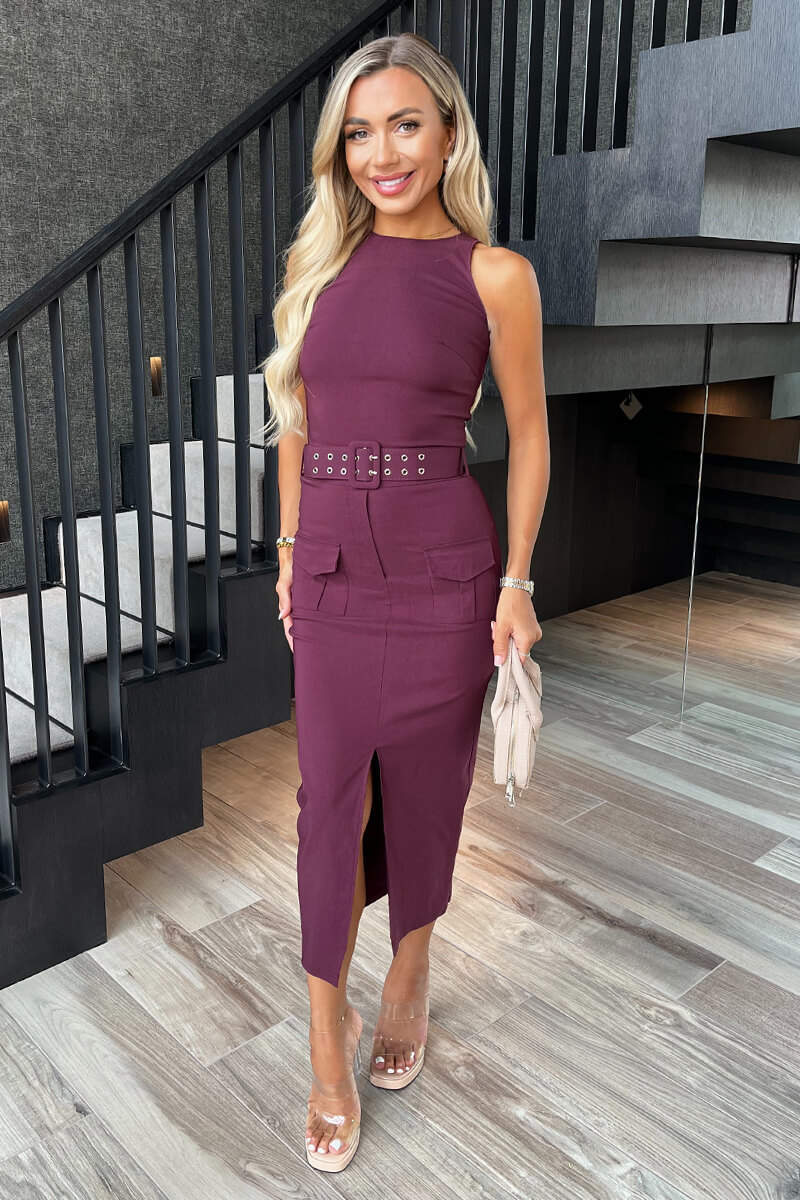 Plum Round Neck Belted Bodycon Cargo Midi Dress - Swimclubus