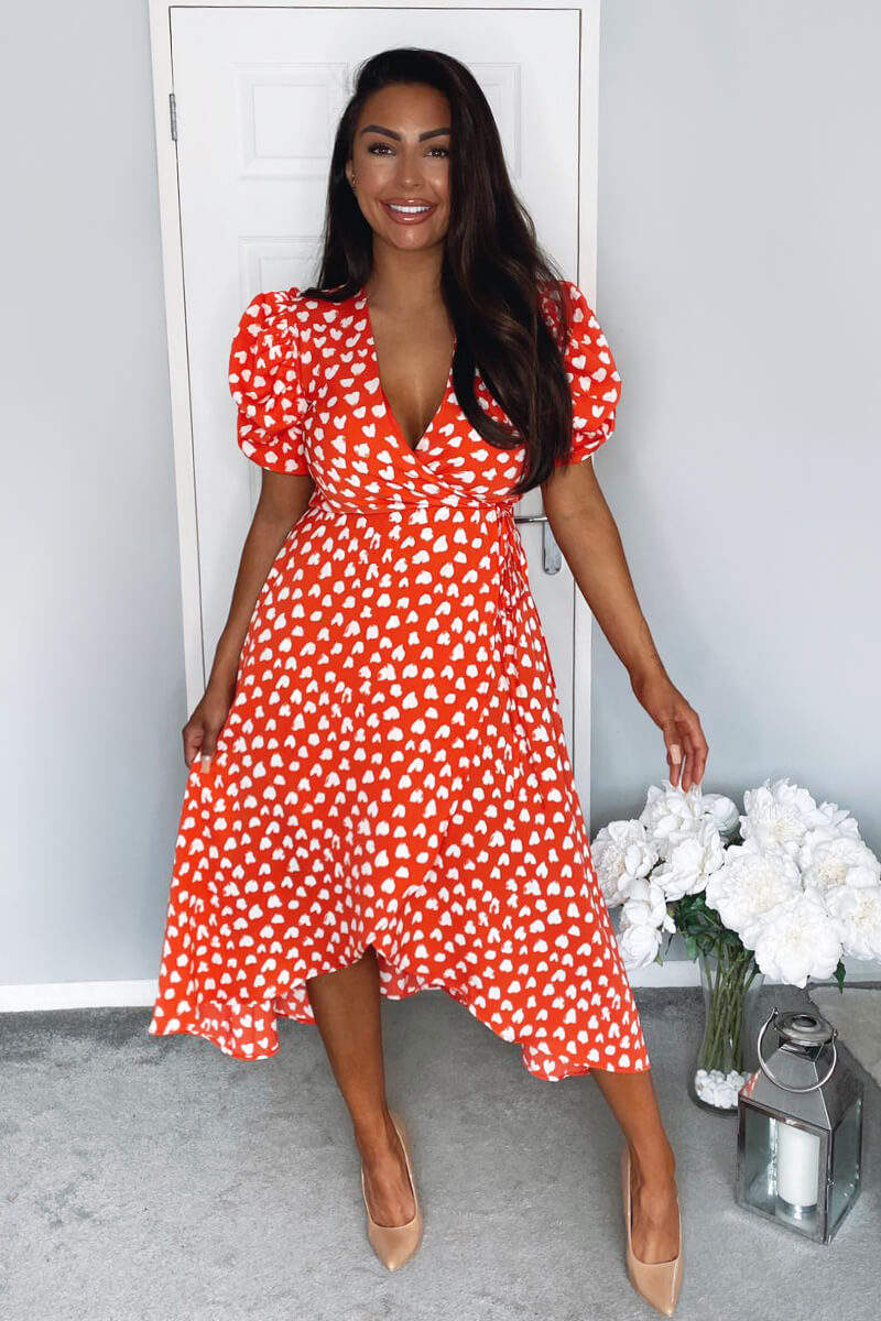 Red Heart Printed Wrap Midi Dress - Swimclubus