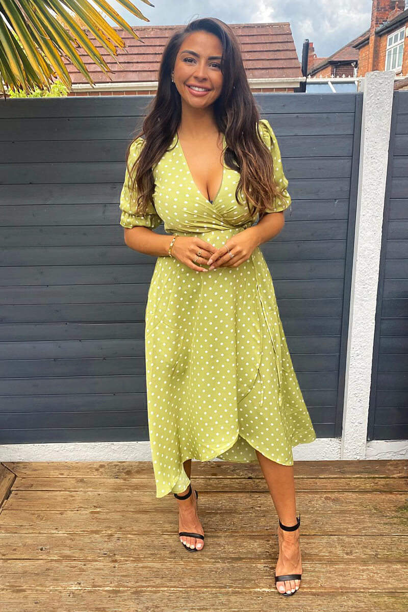 Olive Polka Dot Puff Sleeve Wrap Midi Dress - Swimclubus