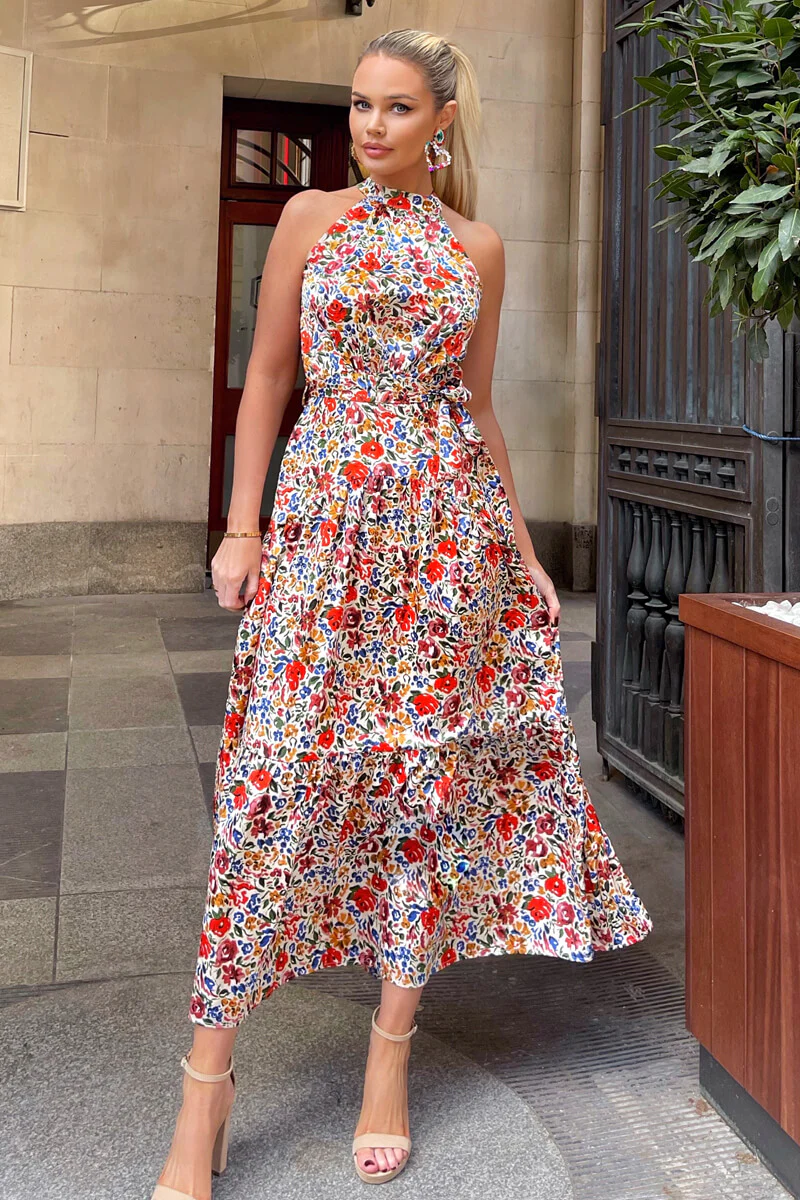 Multi Floral Print High Neck Tie Belt Midi Dress - Swimclubus