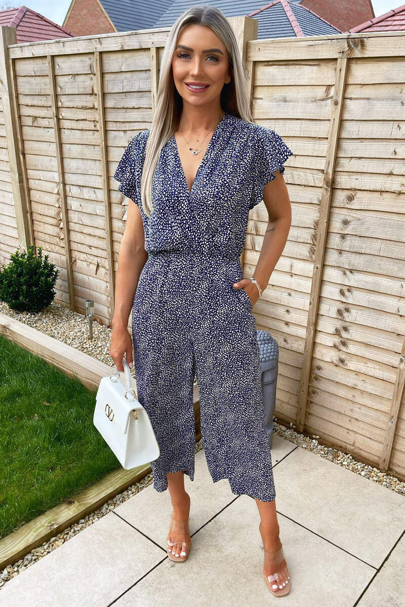 Navy and White Printed Wrap Over Frill Sleeve Jumpsuit - Swimclubus