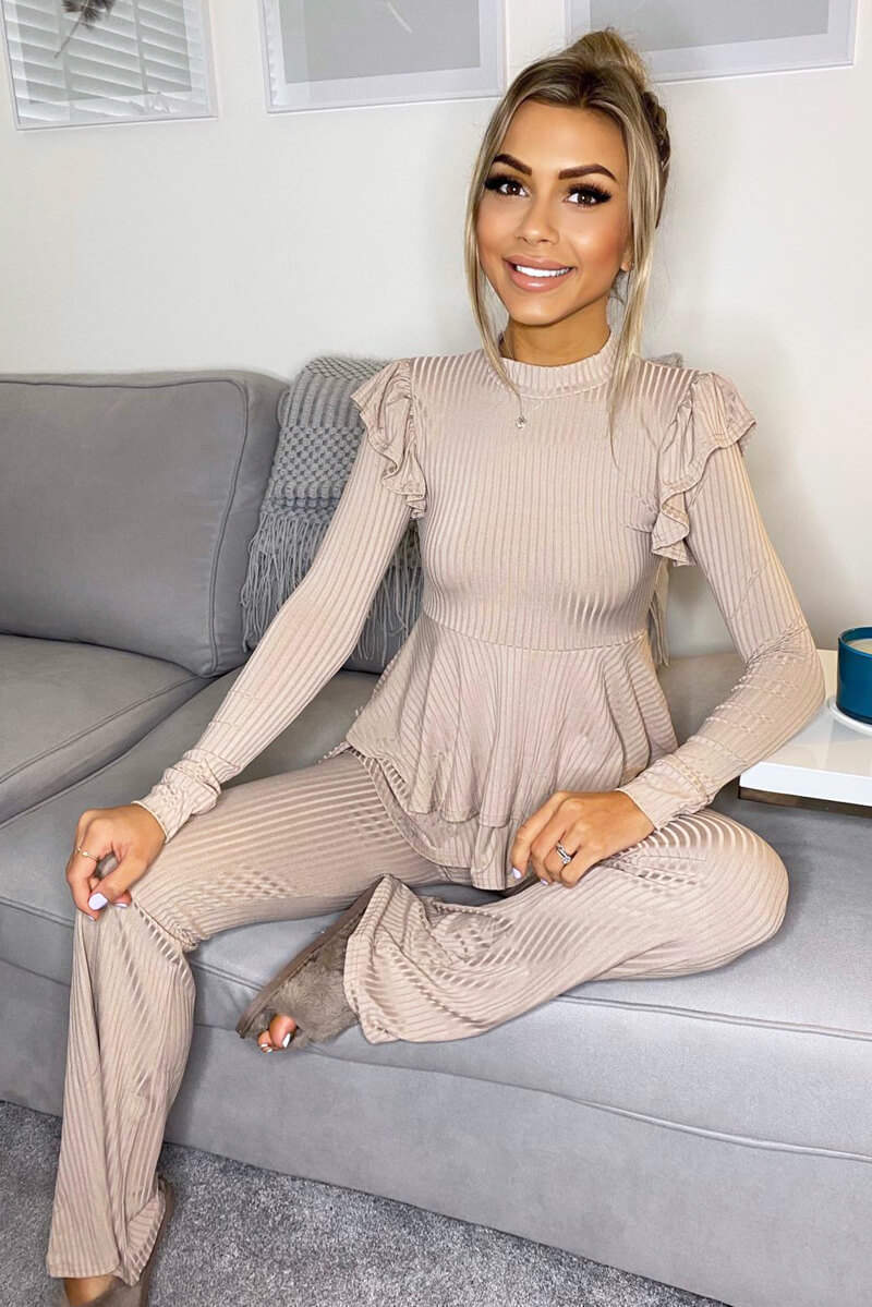 Stone Ribbed Frilled Hem Lounge Suit - Swimclubus